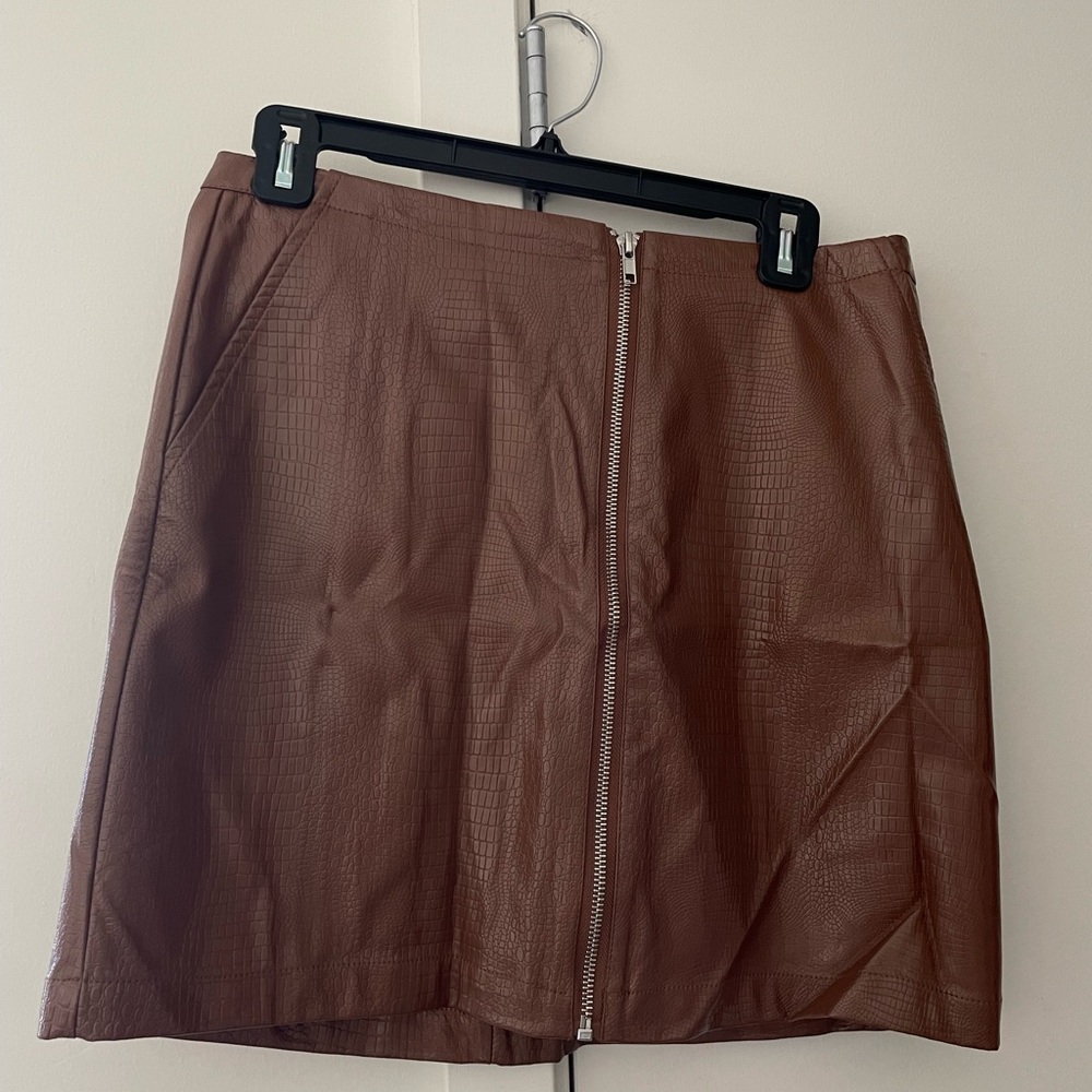 Brown Faux Leather Skirt with Front Zipper